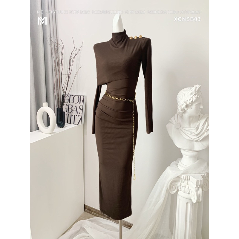 Set áo váy body len tăm Hàn cúc vai MEIMEI