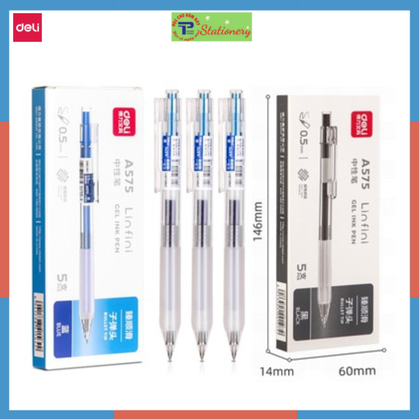 Bút bi nước bút gel bút mực bấm văn phòng Deli mực đen ngòi 0.5mm học sinh mực đều A575 - có ruột thay thế - 1 chiếc