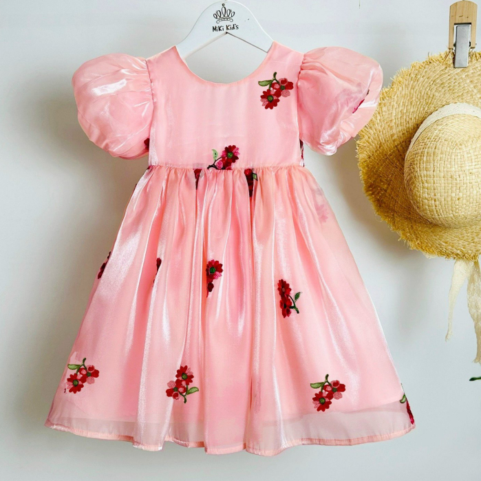 Váy đầm công chúa cho bé gái chất tơ organza sang sáng mịn, Đầm tơ Organza thiết kế thêu hoa cao cấp