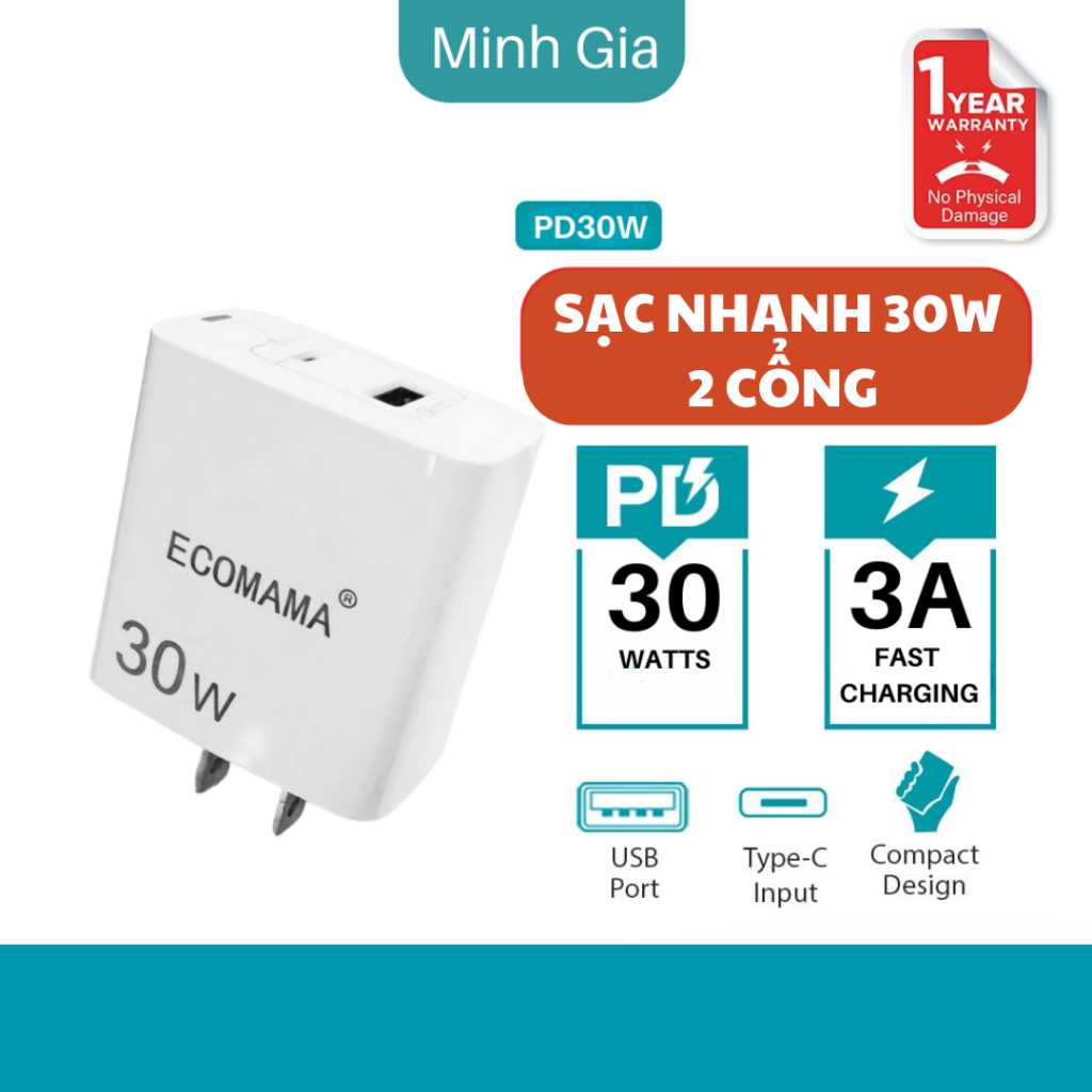 Củ Sạc Nhanh Ecomama, PD30W 2 Cổng USB QC3.0 Và Type-C