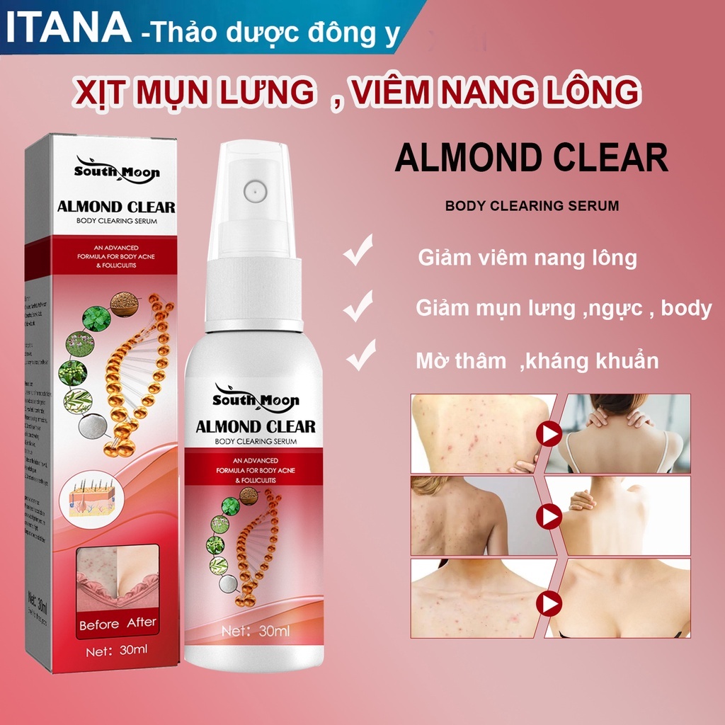 Xịt Mụn Lưng Ngực Body ALMOND CLEAR giảm mụn mờ thâm ,viêm nang lông - 30ml