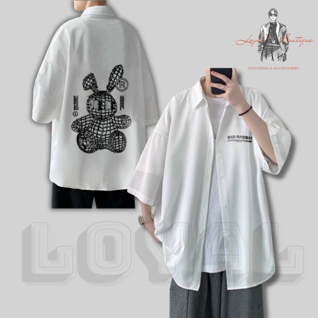 Áo sơ mi LOYAL nam nữ form rộng tay lỡ, áo sơ mi unisex thêu chữ BAD RABBIT cực hot.
