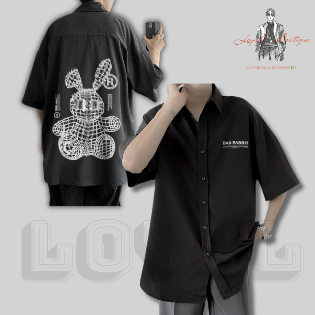 Áo sơ mi LOYAL nam nữ form rộng tay lỡ, áo sơ mi unisex thêu chữ BAD RABBIT cực hot.