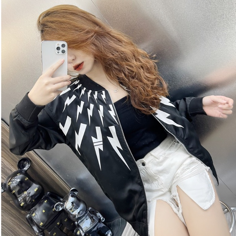 Áo Khoác BomBer gió hoạ tiết tia sét- Áo khoác Nam khoá zip bo gân cực đẹp