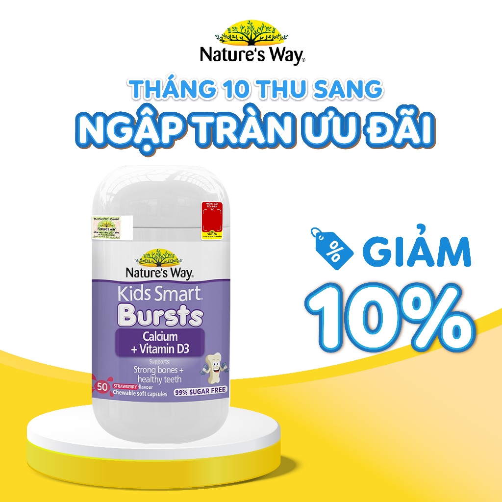 Viên Nhai Cho Bé Nature’s Way Kids Smart Calcium + Vitamin D3 Burstlets Bổ Sung Canxi, Tăng Chiều Cao Cho Bé Hộp 50 Viên