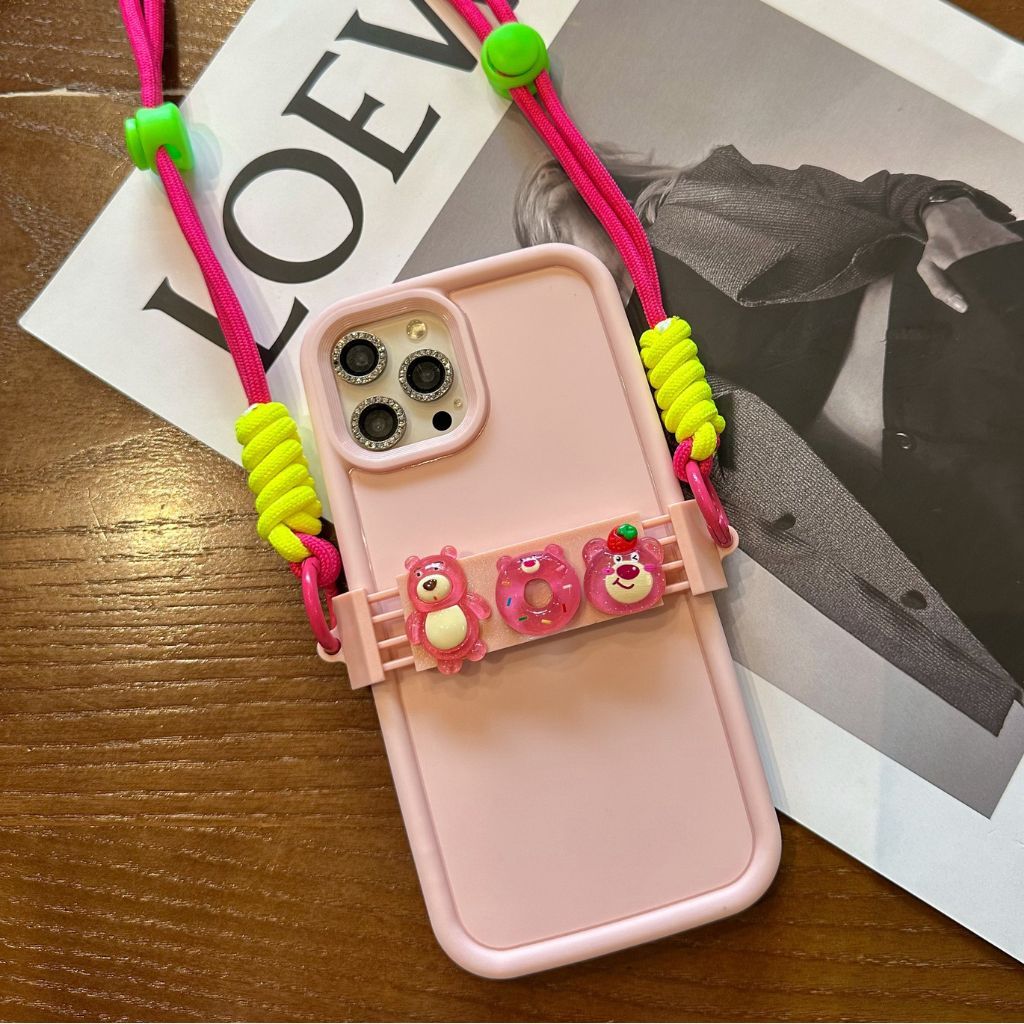 Ốp Lưng Iphone Silicon kèm dây đeo màu Đen - Trắng - Hồng pastel