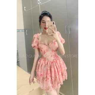 Đầm voan hoa chạy mokking lưng tay phồng có mút ngực