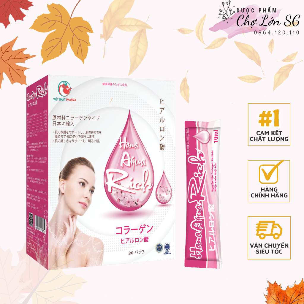 Nước uống cấp ẩm HANA AQUA RICH giúp căng bóng da, giảm lão hóa, giúp da sáng mịn - Hộp 20 gói