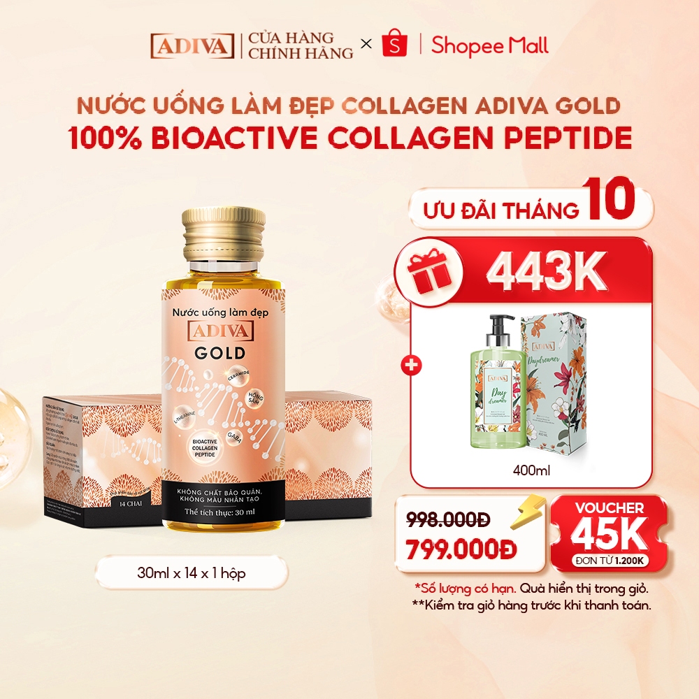 Nước Uống Làm Đẹp Collagen ADIVA Gold (14 Chai/Hộp)- Giúp Làn Da Căng Mịn, Giảm Nếp Nhăn Và Chống Lão Hóa