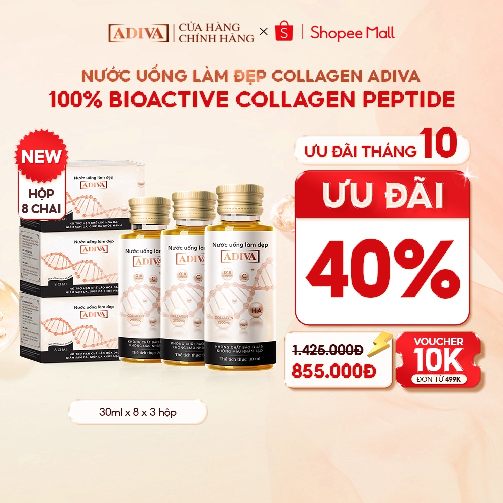 Combo 3 Hộp Nước Uống Làm Đẹp Collagen ADIVA (8 Chai/Hộp)- Giúp Làn Da Săn Chắc, Ảm Mịn Và Căng Bóng