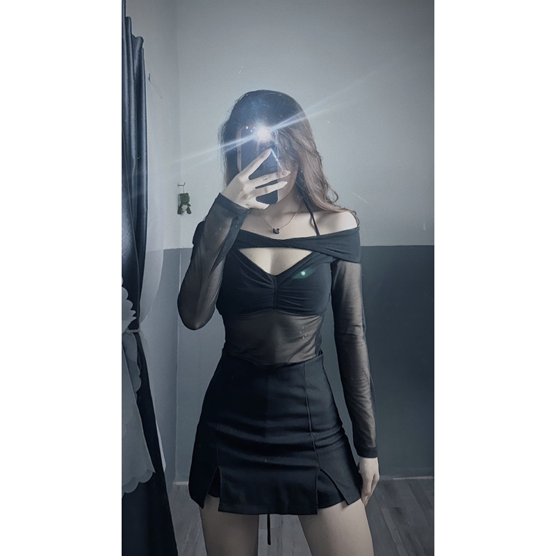 Áo kiểu trễ vai thun lưới