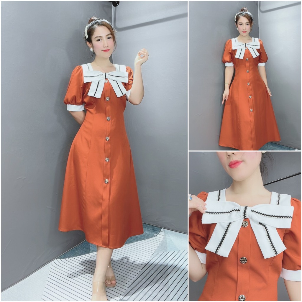Đầm Tiểu Thư Thiết Kế Nơ Ngực Tay Bồng AKARA V20 Phù Hợp Dạo Phố Cà Phê S M L XL