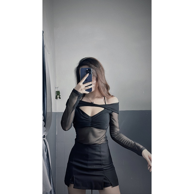 Áo kiểu trễ vai thun lưới