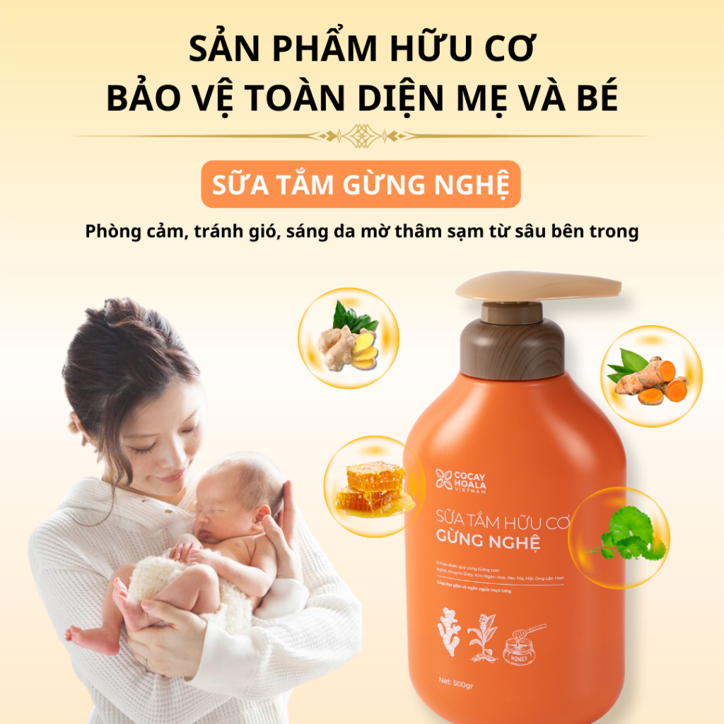 Sữa Tắm Thảo Dược Hữu Cơ Gừng Nghệ Giữ Ấm Cơ Thể Cỏ Cây Hoa Lá 500g - Dành riêng cho Mẹ Bầu, Mẹ Sau Sinh