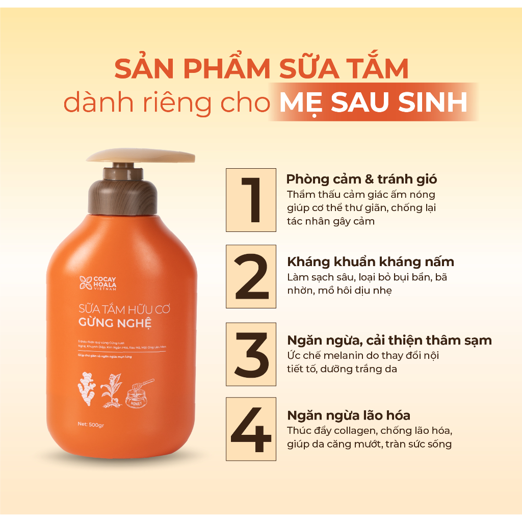 Sữa Tắm Thảo Dược Hữu Cơ Gừng Nghệ Giữ Ấm Cơ Thể Cỏ Cây Hoa Lá 500g - Dành riêng cho Mẹ Bầu, Mẹ Sau Sinh