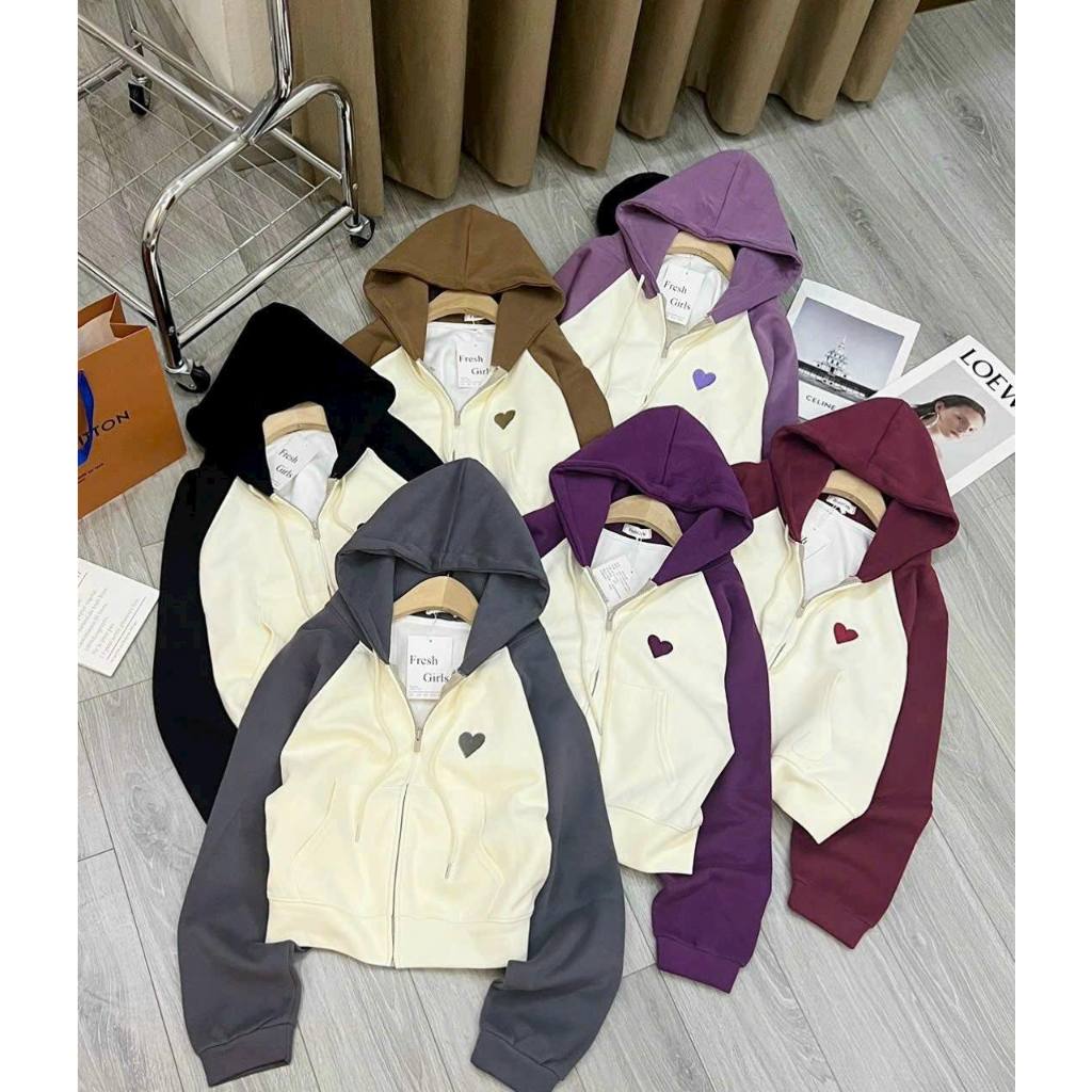 Áo khoác nỉ 2 da khoá kéo mũ