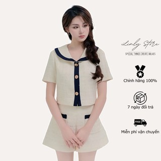 Set áo vest cổ phối vạt thuỷ thủ chất dạ tweed kèm quần short Linly Store
