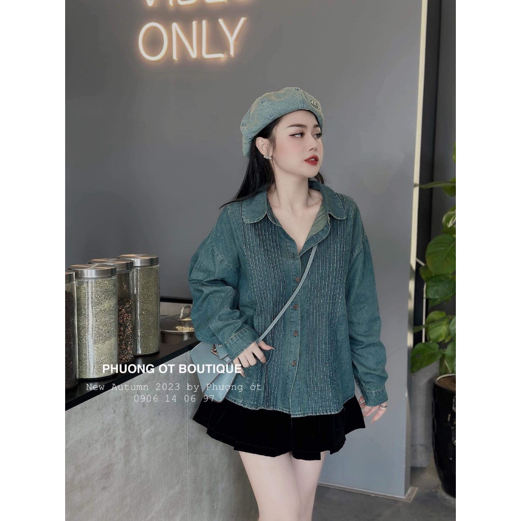 Áo sơ mi jeans  phong cách khoác ulzang Hàn Quốc, áo sơ mi bò xếp li siêu xinh