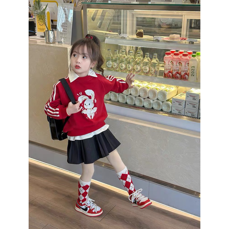 10-28kg set áo nỉ thỏ mix chân váy xếp ly hàng đẹp, set đồ dài tay đi học cho bé gái