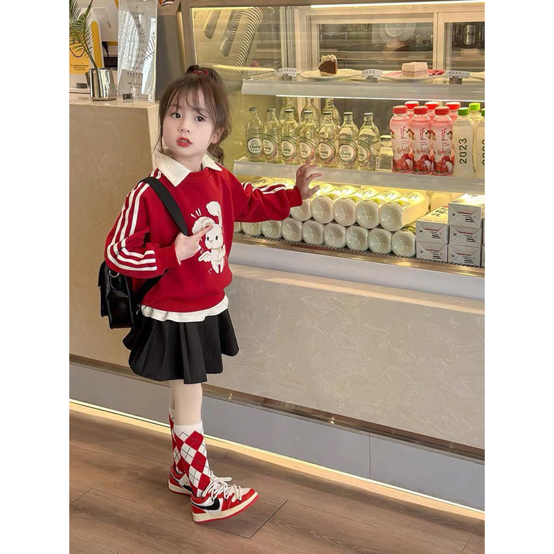 10-28kg set áo nỉ thỏ mix chân váy xếp ly hàng đẹp, set đồ dài tay đi học cho bé gái
