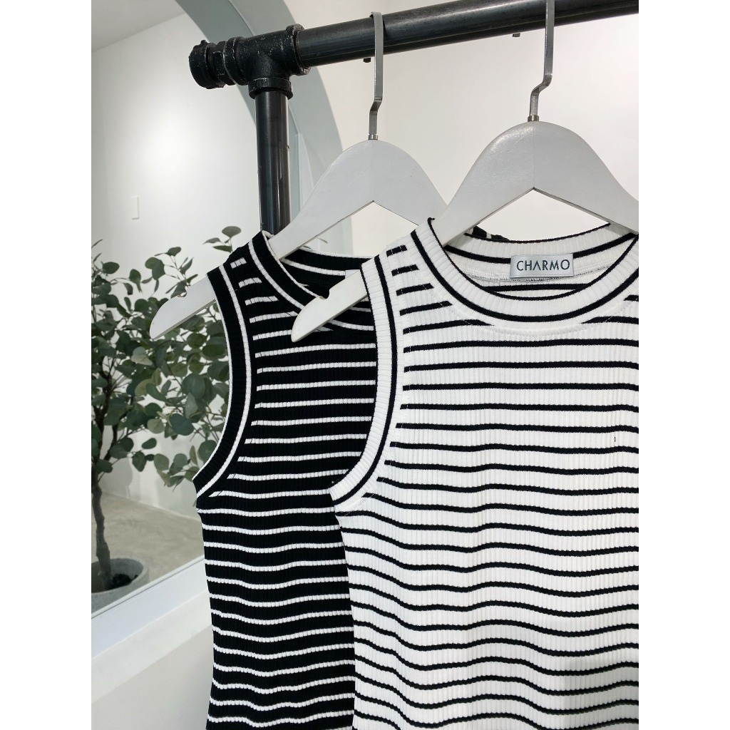 Áo thun không tay CHARMO vải thun len cotton mềm mịn mát Striped Tank Top