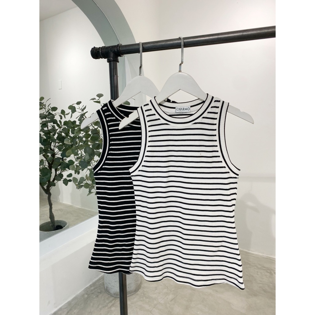 Áo thun không tay CHARMO vải thun len cotton mềm mịn mát Striped Tank Top