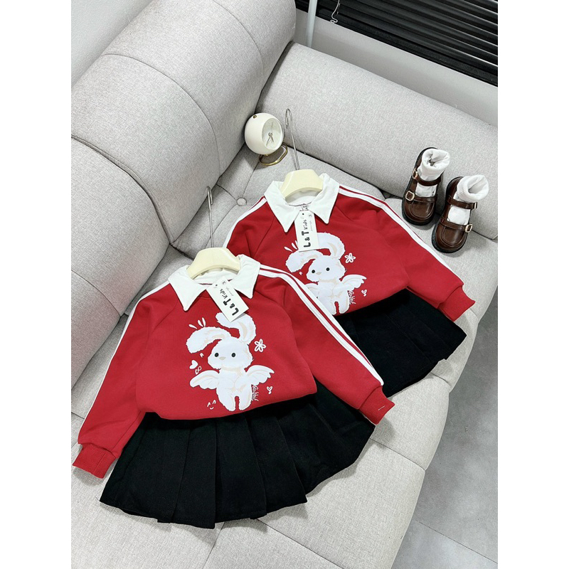 10-28kg set áo nỉ thỏ mix chân váy xếp ly hàng đẹp, set đồ dài tay đi học cho bé gái