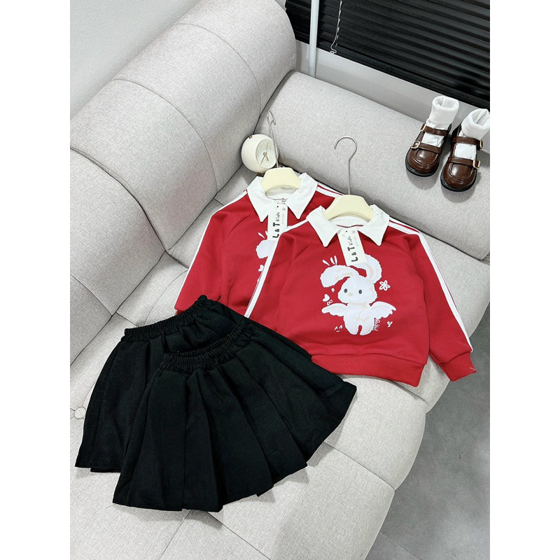 10-28kg set áo nỉ thỏ mix chân váy xếp ly hàng đẹp, set đồ dài tay đi học cho bé gái