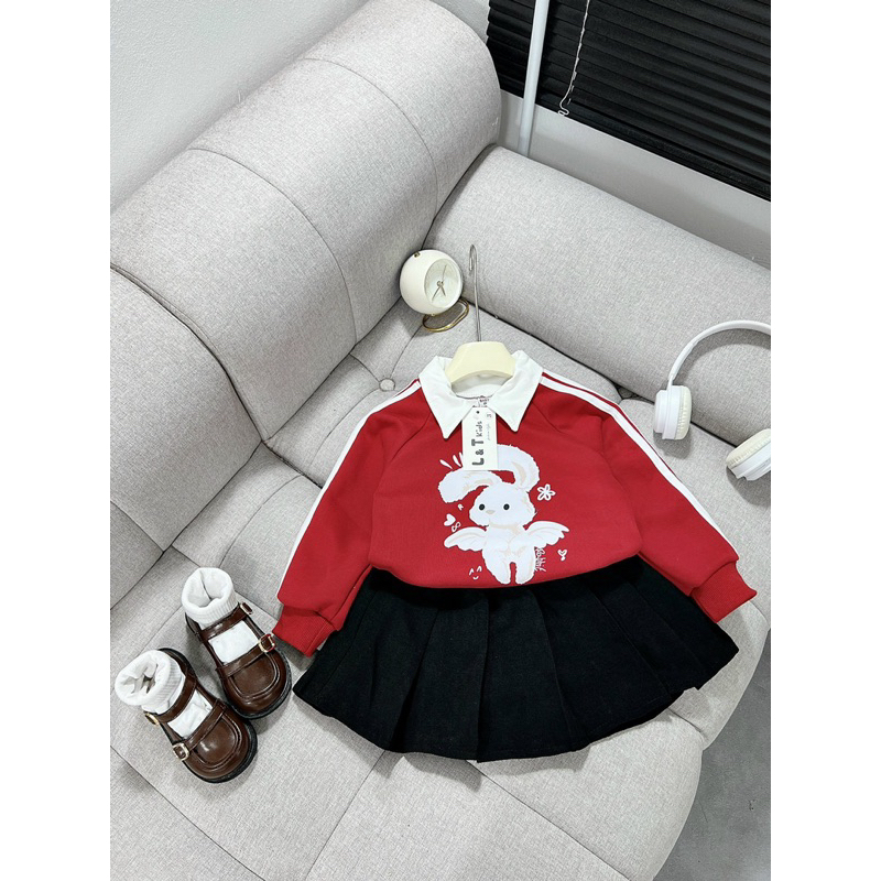 10-28kg set áo nỉ thỏ mix chân váy xếp ly hàng đẹp, set đồ dài tay đi học cho bé gái