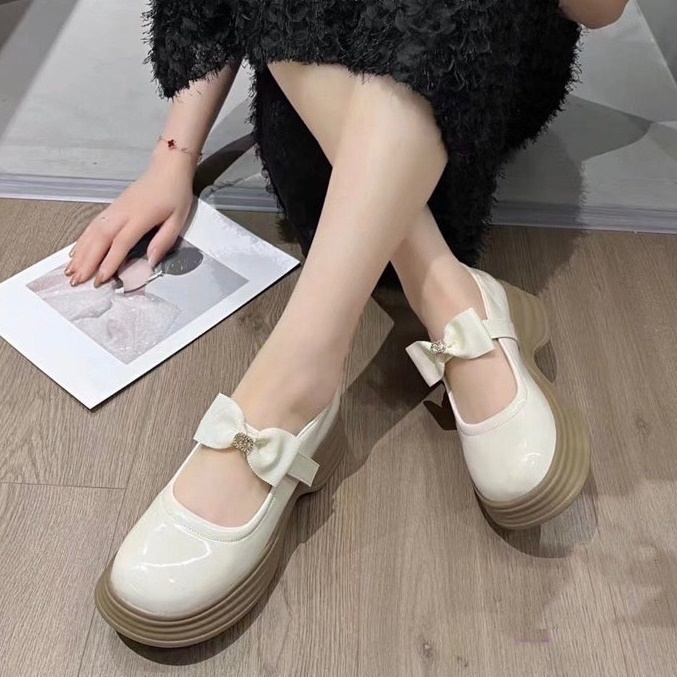 Giày marry janes nữ quai chun đính nơ phong cách nhật bản cực êm chân - LN55