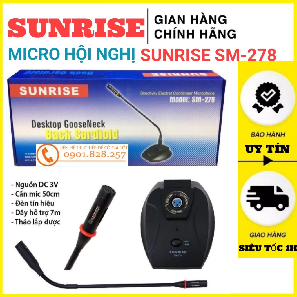 Micro có dây cổ ngỗng Sunrise SM-278, Mic hội nghị chính hãng dùng tọa đàm họp trực tuyến, hút âm tốt độ nhạy cao
