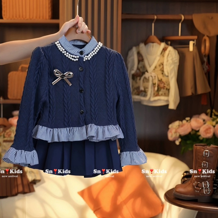 Set Váy Len Thừng Cho Bé Gái WOWKIDS Phối Bèo Đính Ngọc Điệu Đà Kèm Chân Váy Xếp Ly Cho Bé Từ 10-30kg