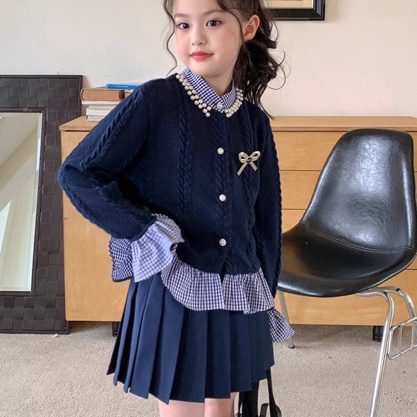 Set Váy Len Thừng Cho Bé Gái WOWKIDS Phối Bèo Đính Ngọc Điệu Đà Kèm Chân Váy Xếp Ly Cho Bé Từ 10-30kg