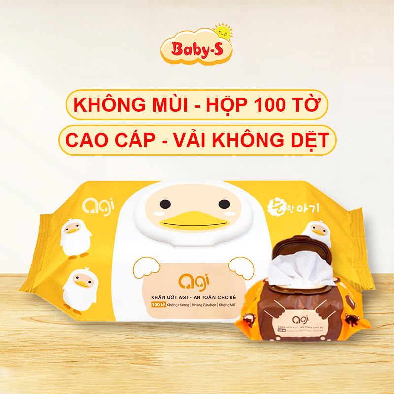 Khăn ướt Agi, Khăn giấy ướt không mùi chính hãng mềm mịn an toàn cho bé yêu (gói 100 tờ) Baby-S – SKH011