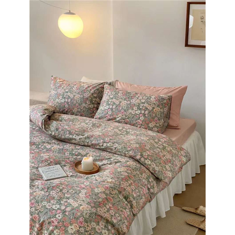 Bộ Chăn Ga Gối Cotton Living 100% Cotton Hàng nhập Khẩu Cao Cấp 4 Món Hoa Nhí Vintage