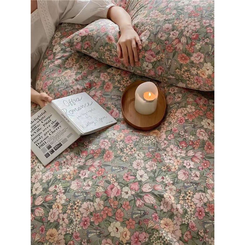 Bộ Chăn Ga Gối Cotton Living 100% Cotton Hàng nhập Khẩu Cao Cấp 4 Món Hoa Nhí Vintage