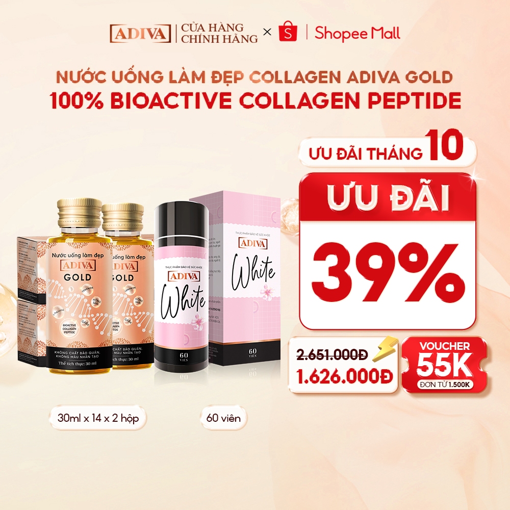 Combo 2 Hộp Nước Uống Làm Đẹp Collagen ADIVA Gold (14 Chai/Hộp) + 1 Hộp Viên Uống Trắng Da ADIVA White 60 Viên