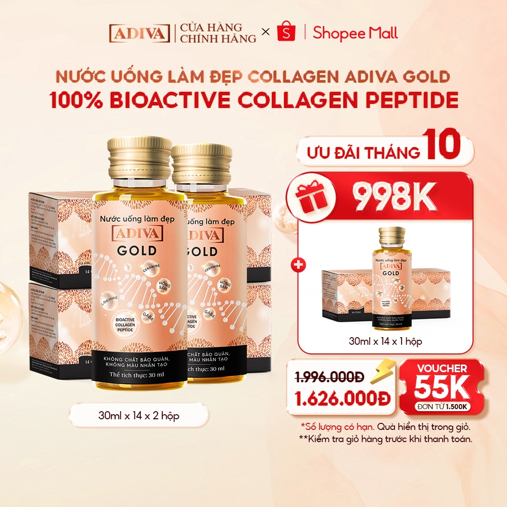 Combo 2 Hộp Nước Uống Làm Đẹp Collagen ADIVA Gold (14 Chai/Hộp)- Giúp Làn Da Căng Mịn, Giảm Nếp Nhăn Và Chống Lão Hóa