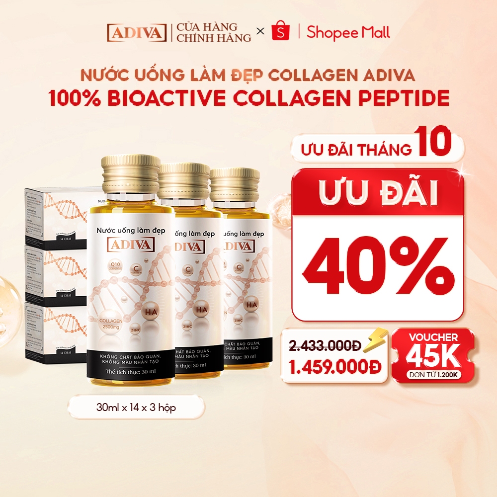 Combo 3 Hộp Nước Uống Làm Đẹp Collagen ADIVA (14 Chai/Hộp) - Giúp Làn Da Săn Chắc, Ảm Mịn Và Căng Bóng