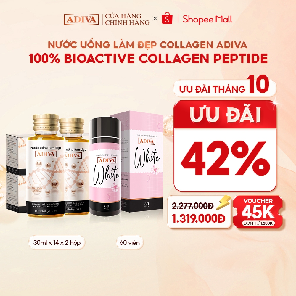 Combo 2 Hộp Nước Uống Làm Đẹp Collagen ADIVA (14 Chai/Hộp) + 1 Hộp Viên Uống Trắng Da ADIVA White 60 Viên