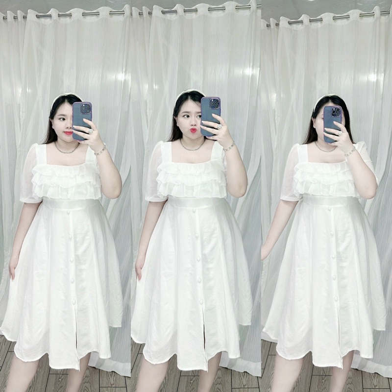 Đầm xốp đính nút bọc phối chiffon