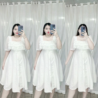 [Bigsize 60-85kg] Đầm xốp đính nút bọc phối chiffon