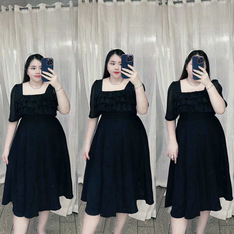 Đầm xốp đính nút bọc phối chiffon