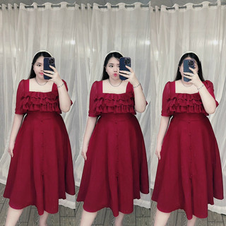Đầm xốp đính nút bọc phối chiffon