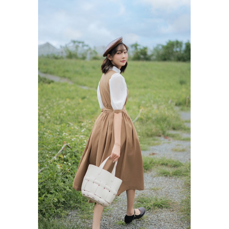 Váy be dài midi belted tay voan trắng phồng MADELEN