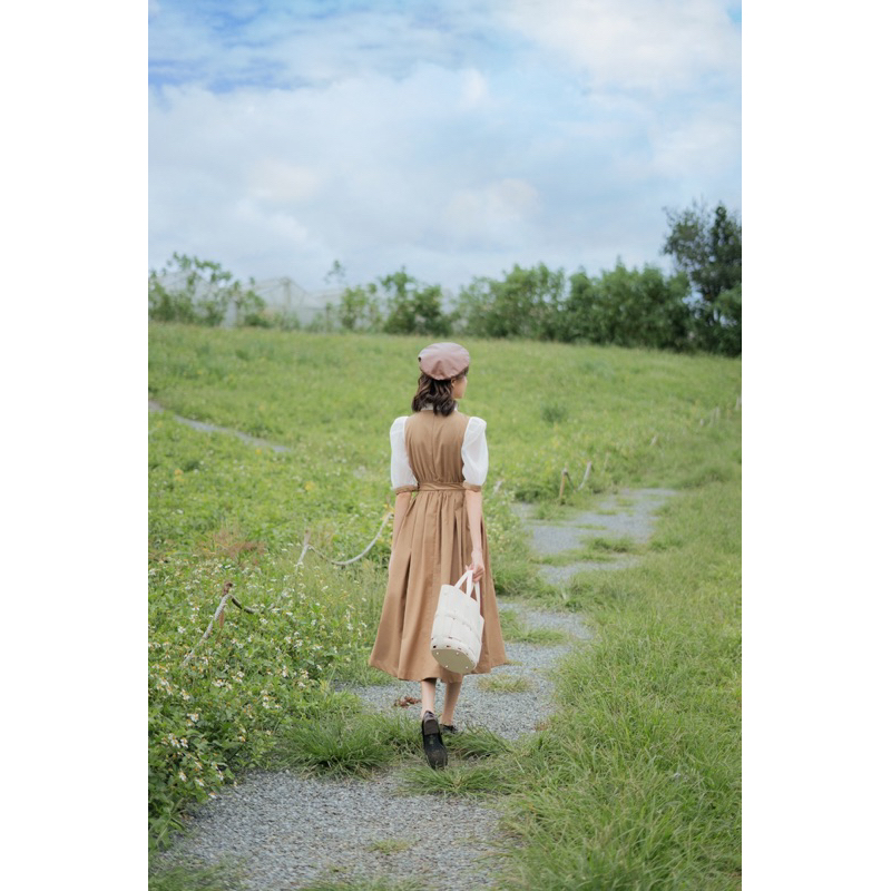 Váy be dài midi belted tay voan trắng phồng MADELEN