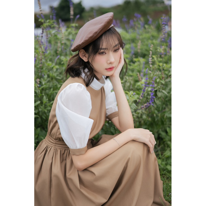 Váy be dài midi belted tay voan trắng phồng MADELEN