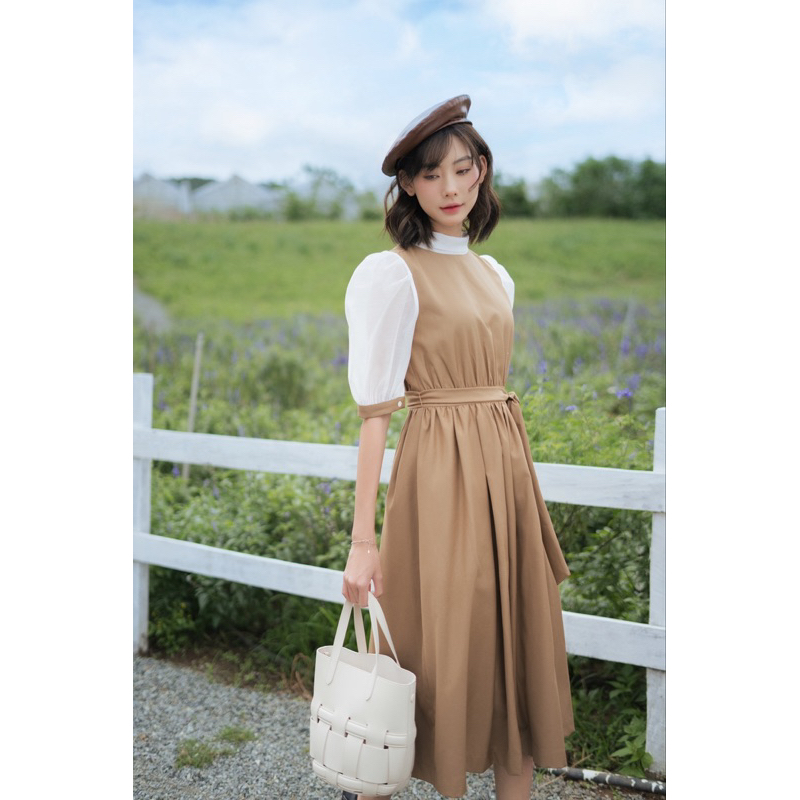 Váy be dài midi belted tay voan trắng phồng MADELEN