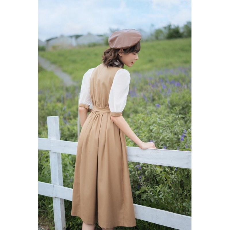 Váy be dài midi belted tay voan trắng phồng MADELEN