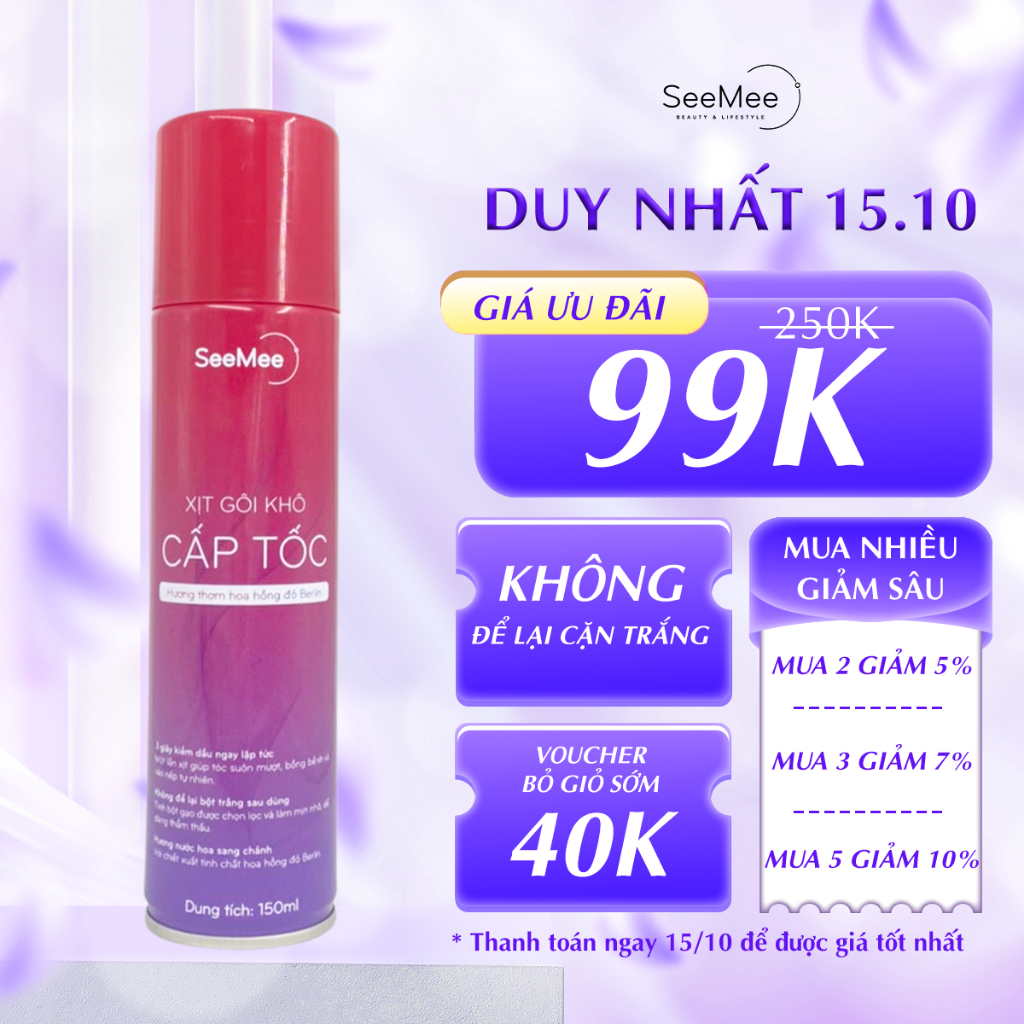 Dầu Gội Khô SeeMee 150ml Xịt Gội Khô kiềm dầu hết ngứa, hết bết dính tóc bồng bềnh tức thì